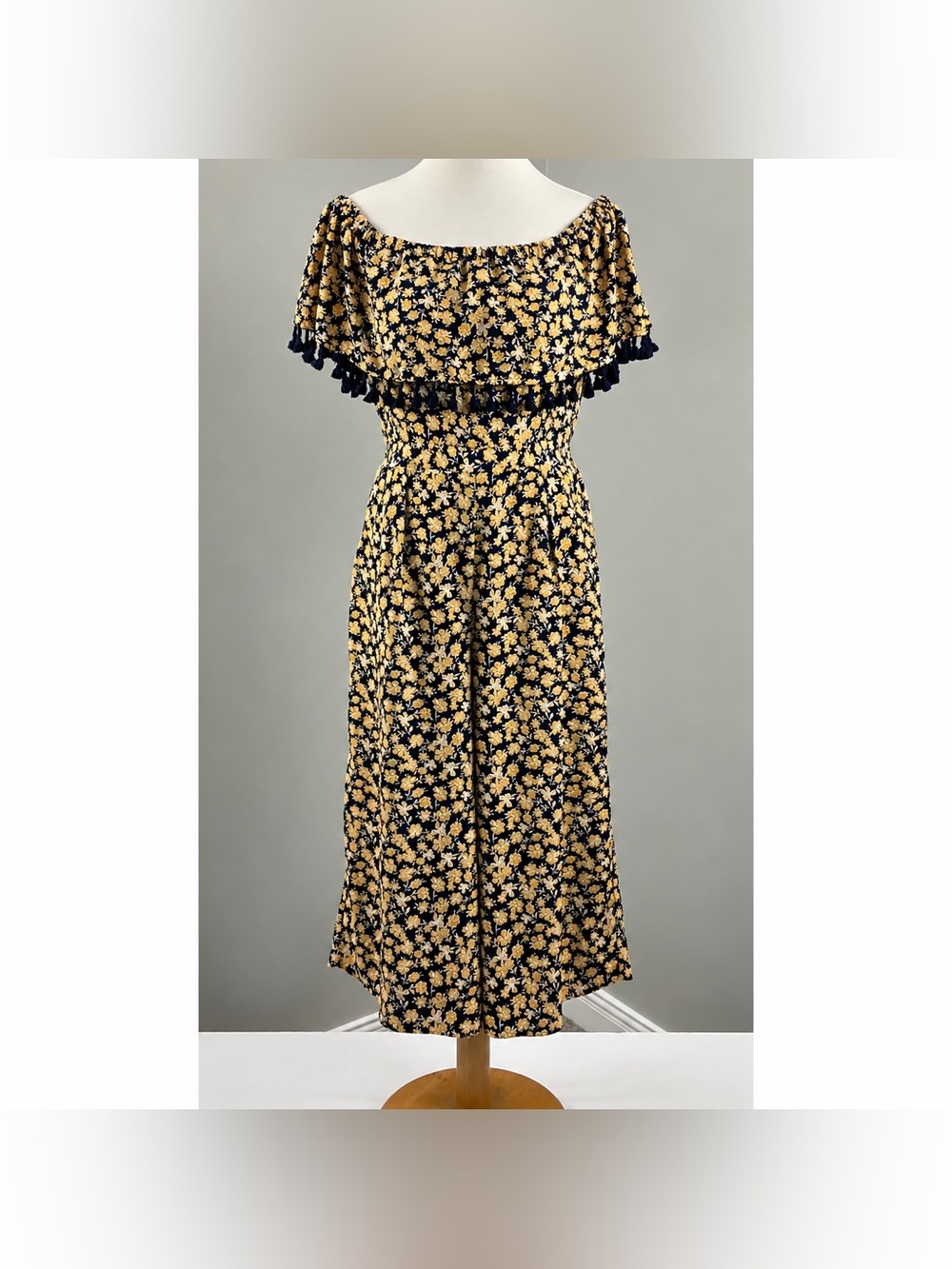 Skies Are Blue Navy Yellow Floral Tassel Off Shoulder Wide Leg Jumpsuit M